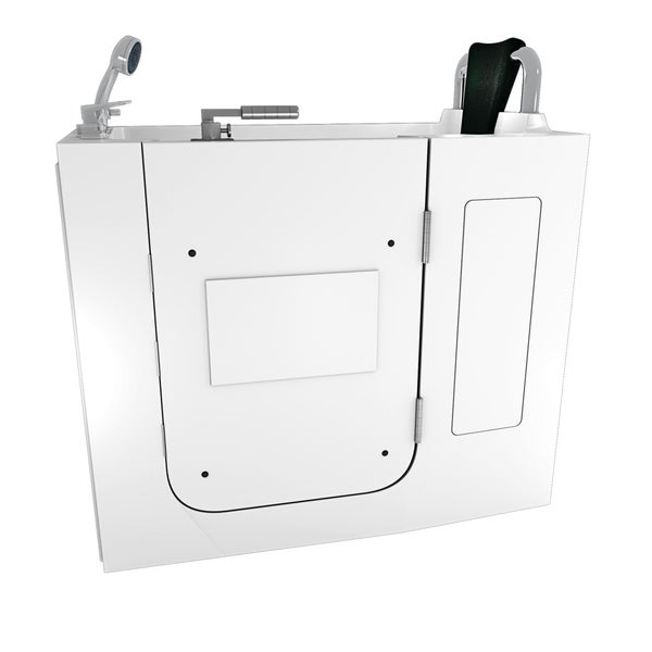 Weiße Seniorenbadewanne mit Tür, integrierter Armatur, Handbrause und Kopfstütze.