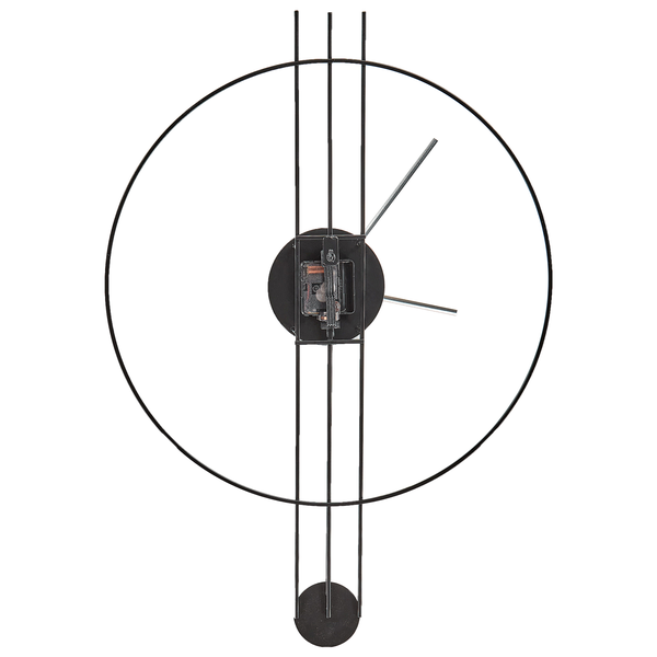 Rückansicht einer runden Wanduhr aus Metall mit drei vertikalen Streben und Uhrwerk.