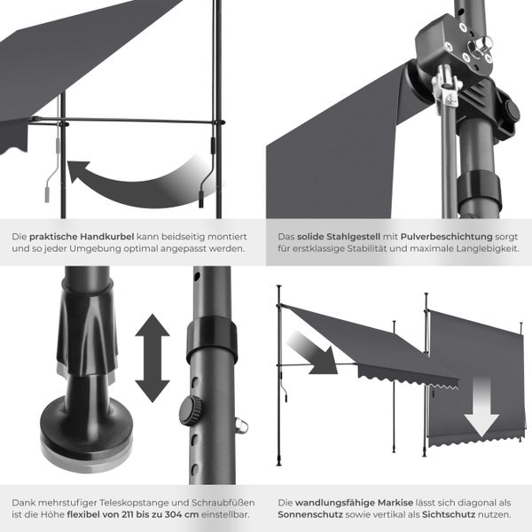Klemmmarkise tectake  einfache Montage mit Handkurbel schwarz/grau