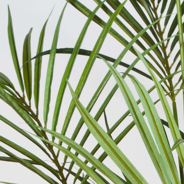 Nahaufnahme der schmalen Blätter einer künstlichen Palme.