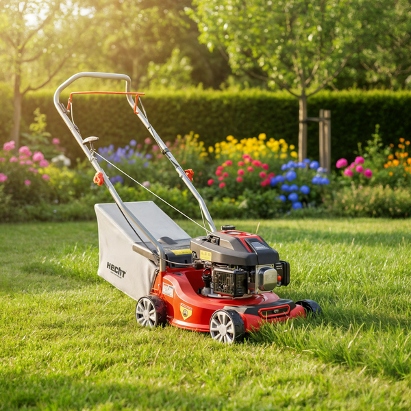 Roter Rasenmäher mit Grasfangkorb im Garten