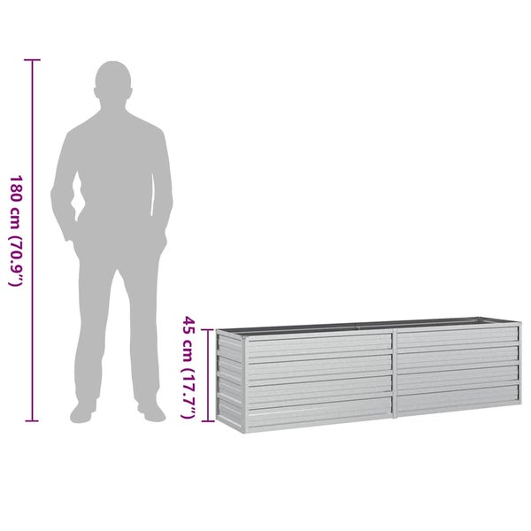 Rechteckiges Hochbeet aus Metall mit einer Höhe von 45 Zentimetern im Vergleich zu einer Personensilhouette von 180 Zentimetern.