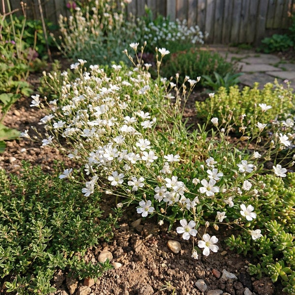 Weiß blühende Staude in einem Gartenbeet mit Erde und grünen Bodendeckern.