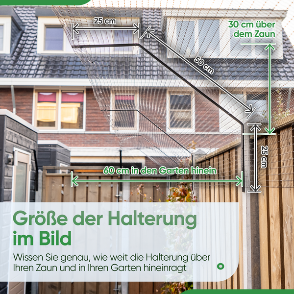 Darstellung der Maße einer Halterung für ein Katzennetz an einem Gartenzaun mit einer Ausladung von 60 Zentimetern.