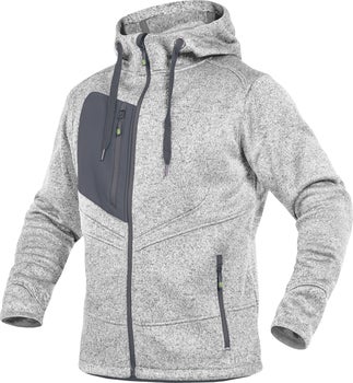 Graue Fleecejacke mit Kapuze, durchgehendem Reißverschluss, Brusttasche und Seitentaschen.