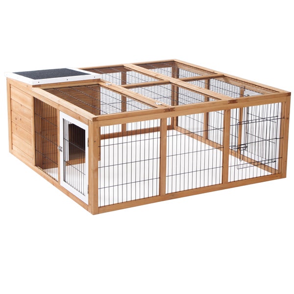 PawHut Kaninchenstall Kleintiergehege mit Dach zum Öffnen Kleintierkäfig Meerschweinchenstall mit Freigehege für draußen wetterbeständig Tannenholz Natur 123 x 120 x 52 cm