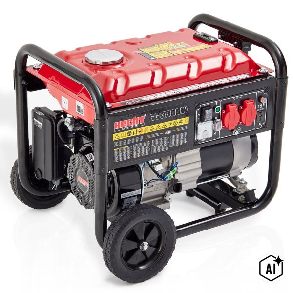 Hecht Stromerzeuger GG 3300W mit Fahrwerk und Verbrennungsmotor zur mobilen Stromversorgung auf Baustellen oder im Garten.
