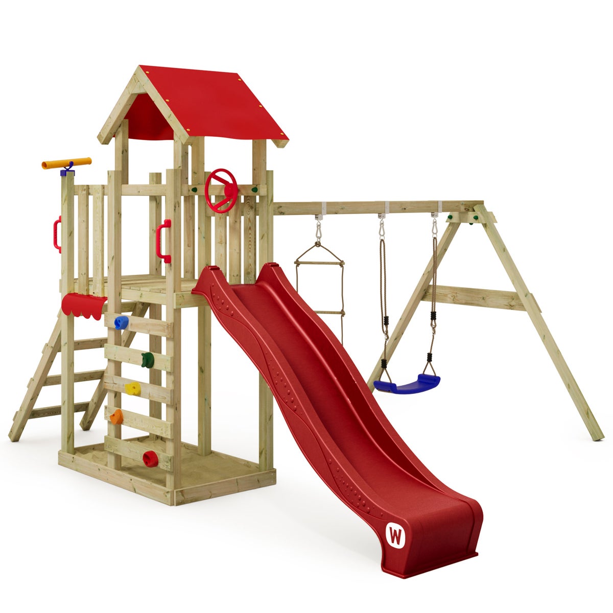 WICKEY Spielturm Klettergerüst MultiFlyer Light mit Schaukel und Rutsche, Kletterturm mit Sandkasten, Leiter und Spiel-Zubehör – rot