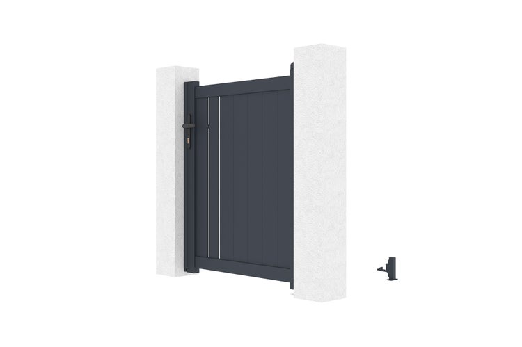 Einflügeliges Gartentor aus Aluminium in Anthrazit mit vertikalen Lamellen und Drückergarnitur zwischen zwei Pfosten.
