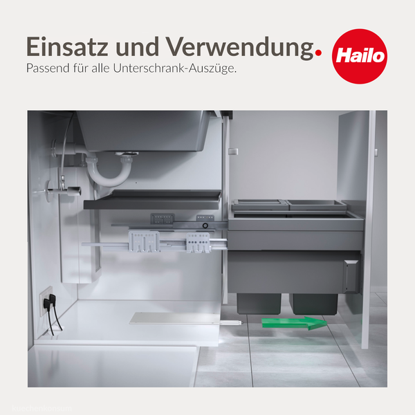 Hailo Logo. Mülltrennsystem in einem Küchenunterschrank mit Auszug. Ein Pfeil zeigt die Auszugsbewegung.