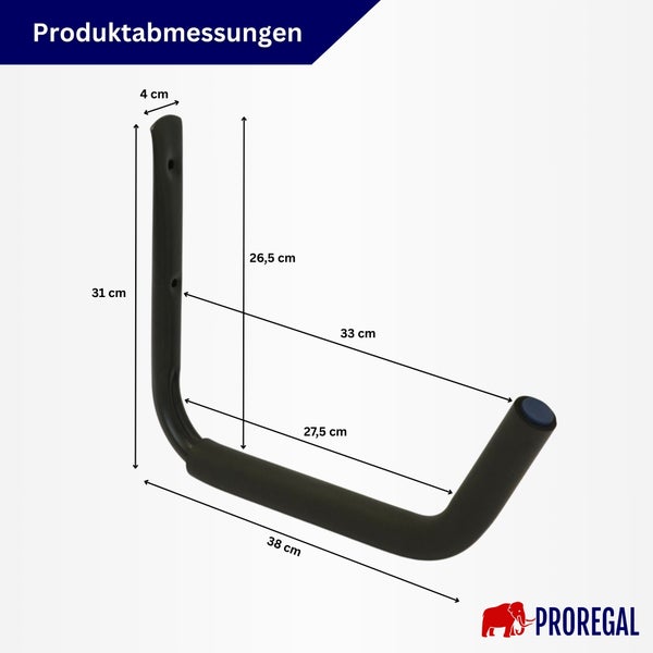 Maßzeichnung eines U-förmigen Gerätehalters für die Wandmontage mit Angabe der Abmessungen und Proregal Logo