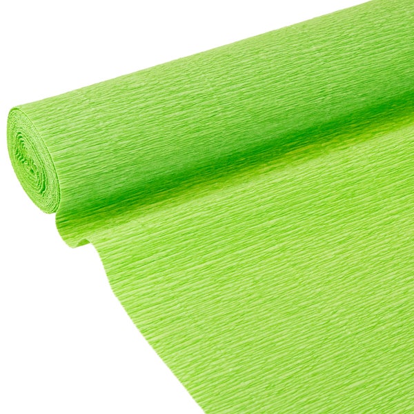 Drei Dekorationsblumen aus strukturiertem Krepppapier in Grün, Blau und Violett.