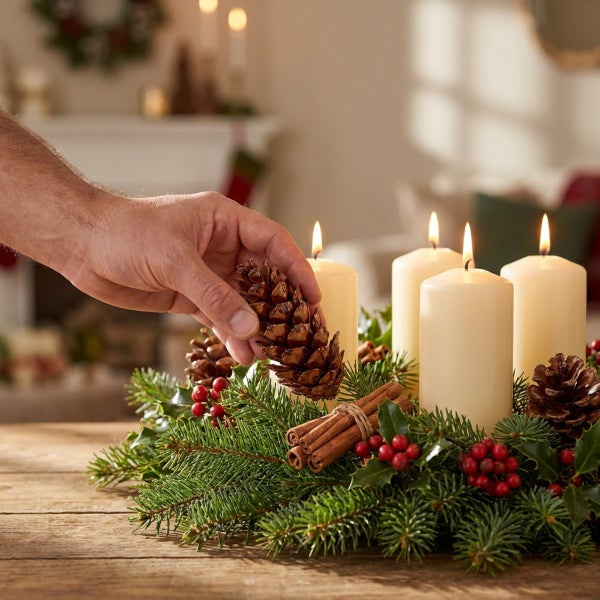 Eine Hand platziert einen Tannenzapfen auf einem Adventskranz mit vier brennenden Kerzen aus Tannengrün, Zimtstangen und roten Beeren.