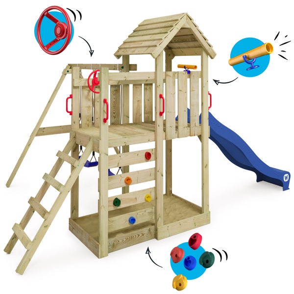 WICKEY Spielturm Klettergerüst MultiFlyer Holzdach mit Schaukel und Rutsche, Kletterturm mit Holzdach, Sandkasten, Leiter und Spiel-Zubehör - blau