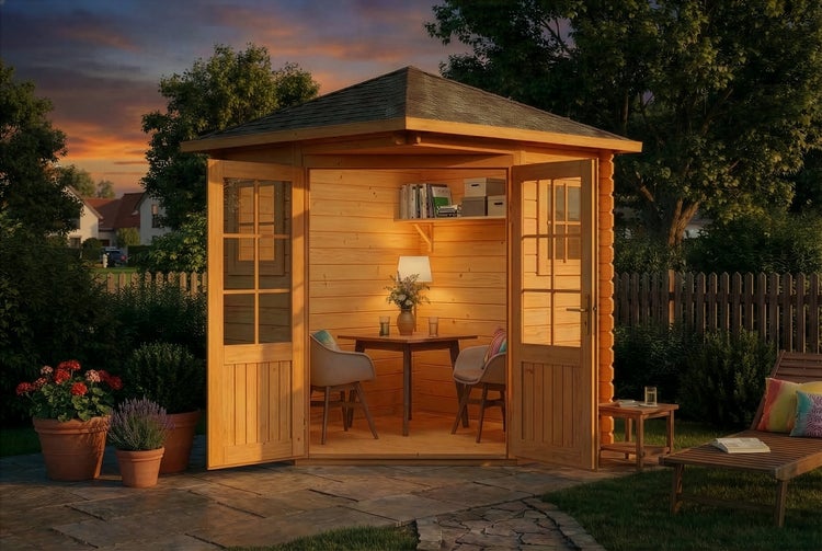 Beleuchtetes Gartenhaus aus Holz mit Doppeltür, eingerichtet mit Tisch und Stühlen auf einer Terrasse im Garten bei Abenddämmerung.