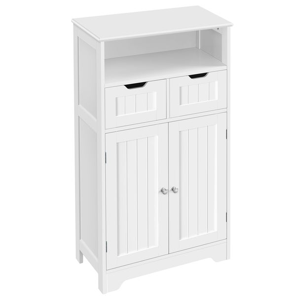 Weißer Badschrank mit offenem Fach, zwei Schubladen und zwei Türen im Landhausstil.