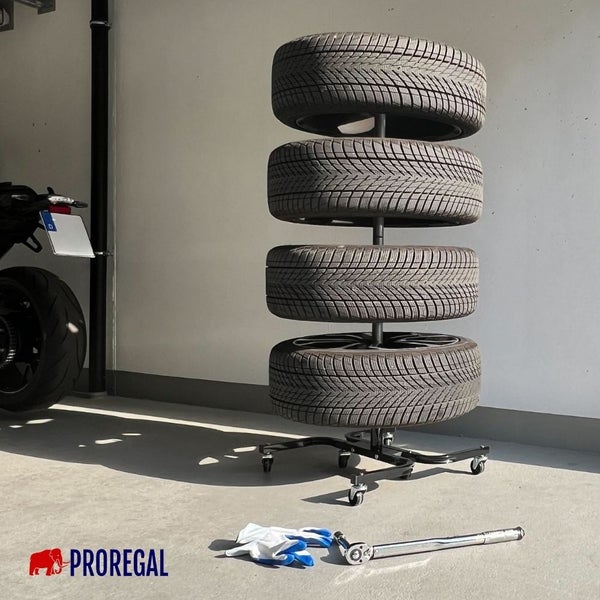 PROREGAL Fahrbarer Felgenbaum CARRERO XL für Autoreifen bis 295 mm HxBxT 118x85x58cm bis zu 4 Reifen Schwarz Reifenständer fahrbar