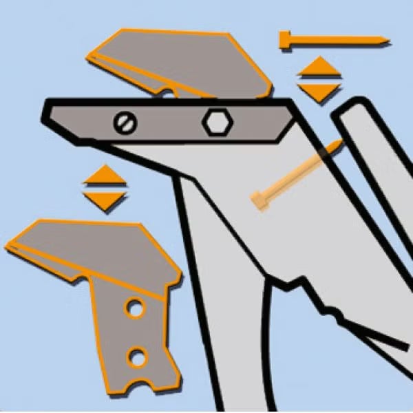 Schematische Darstellung einer verstellbaren Zange mit auswechselbaren Backen und Nagelhalterfunktion.