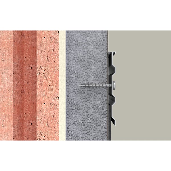 Querschnitt einer Fassade mit Dämmung und Schraube