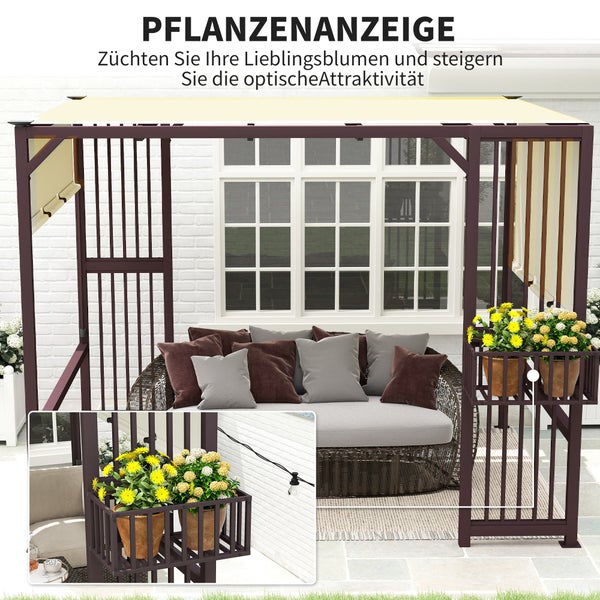 Outsunny Pergola Pavillon 3x2,5m UV 30+Stabil winterfest Sonnenschutz mit verstellbar Schiebedach Sichtschutz Pflanzgefäße freistehend Gartenpavillon Terrassenüberdachung für Garten Balkon Dunkelbraun