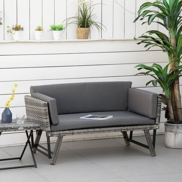 Outsunny Polyrattan Gartensofa, 2 Sitzer Loungesofa, klappbar Armlehnen, 129 x 63 x 67 cm, Stahl, Grau