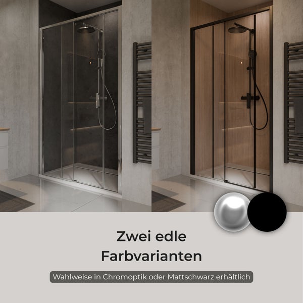 Duschabtrennung in zwei Ausführungen, Chromoptik und Mattschwarz, mit passenden Duscharmaturen im modernen Badezimmer.