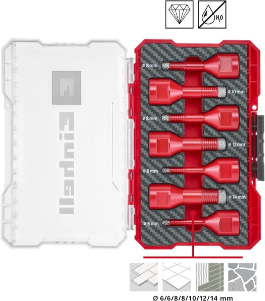 Einhell M-CASE 7-tlg. Fliesenbohrer-Set (M14 für den Trockenschnitt mit 7-mm-Diamantbesatz, hohe Standzeit, Kühlmittel bei kleinen Durchmessern inkl. Aufbewahrungsbox)
