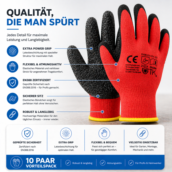 Arbeitshandschuhe mit Latexbeschichtung, zertifiziert nach Europäischer Norm 388, atmungsaktiv, 10 Paar Vorteilspack für Garten und Montage.