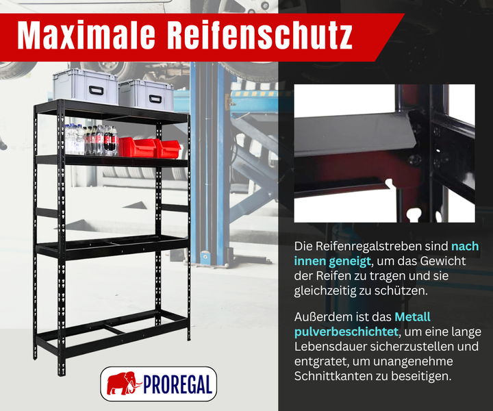 Schwarzes Reifenregal aus pulverbeschichtetem Metall, nach innen geneigte Streben zum Reifenschutz, entgratet für Sicherheit. Proregal Logo.