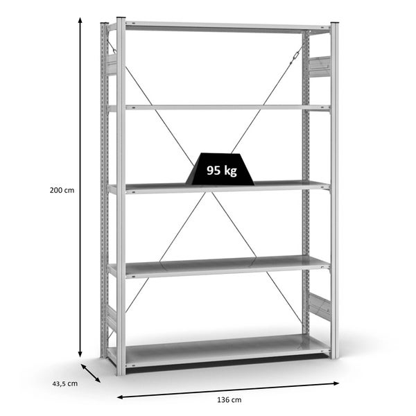 PROREGAL Profi Lagerregal Stecksystem T-Profil Grundregal HxBxT 200 x 130 x 40 cm Fachlast 95 kg Verzinkt