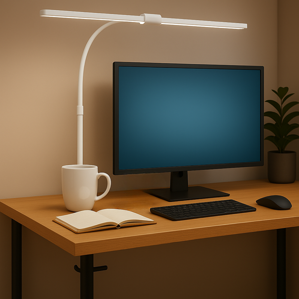 Moderne LED-Schreibtischleuchte mit flexiblem Arm und breitem Lichtbalken über einem Monitor auf einem Holzschreibtisch in einem hellen Büro.