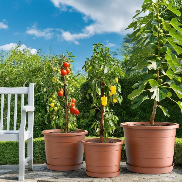 Plastard Blumentopf Terra Ø 35 cm Terrakotta mit Untersetzer, wetterfester Pflanzkübel, Pflanztopf, Blumenkübel, Übertopf aus Kunststoff mit Überlauf