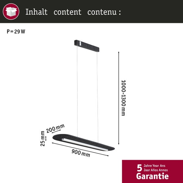 LED-Pendelleuchte, 900 mal 200 mal 25 Millimeter, Höhe verstellbar 1000 bis 1300 Millimeter, Leistung 29 Watt, 5 Jahre Garantie.