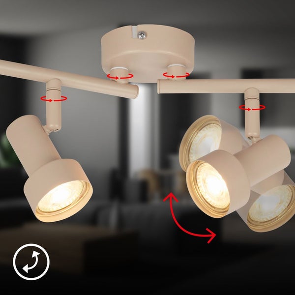 Beige Deckenstrahler mit verstellbaren und drehbaren Armen und Spots aus Metall.