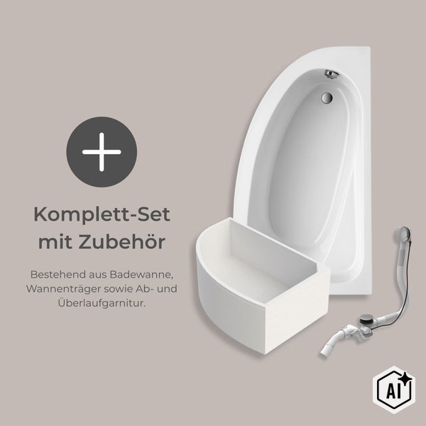 Komplettset Eckbadewanne bestehend aus Badewanne, Wannenträger und Ab- sowie Überlaufgarnitur für die Badinstallation.