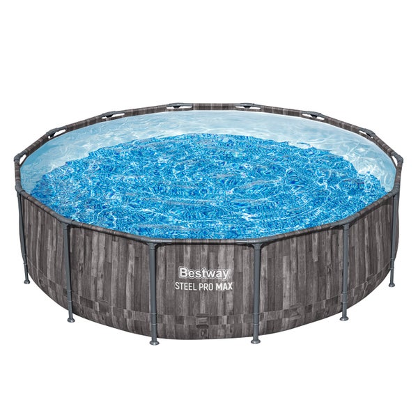 Bestway Steel Pro Max runder Aufstellpool in dunkler Holzoptik mit Stahlrohrrahmen.