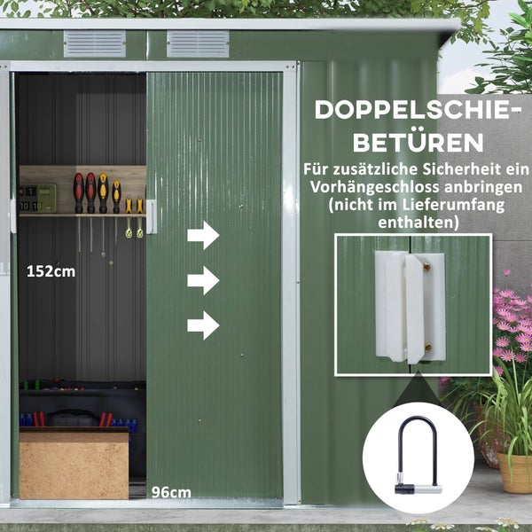 Outsunny Gerätehaus 2,42 m², Gartenhaus mit Lüftungsfenster, Schiebetür, Fundament, 213 x 130 x 159/172 cm, Geräteschuppen aus Verzinkter Stahl, wetterfest, für Garten, Grün