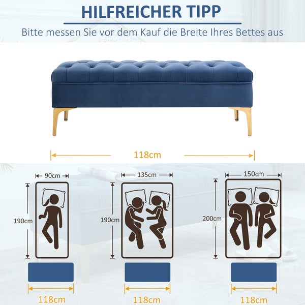 HOMCOM Sitzbank, Bettbank, Schuhbank mit erhöhten Beine, Schlafzimmer, Samt Blau 118 x 45 x 42 cm