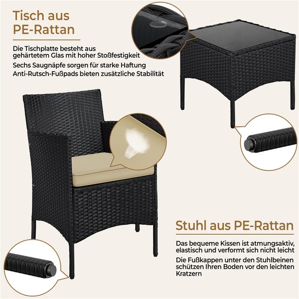 Gartenset aus Polyethylen Rattan mit Stuhl, Tisch und Sitzkissen