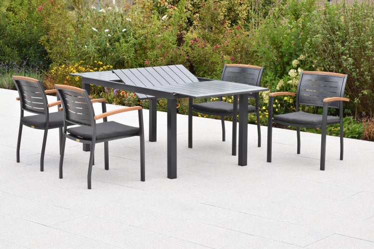 Tinos Gartenmöbel Set 9tlg., 4 Stapelsessel, 4 Sitzkissen grau, Ausziehtisch 150 (200) x 90 cm
