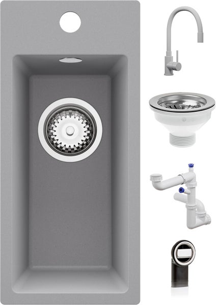 Rechteckige graue Granitspüle im Set mit Küchenarmatur, Abfluss-Sieb, Siphon und Überlauf.