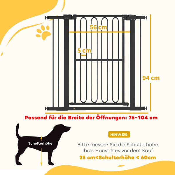 Illustration einer schwarzen Tierschutzgitter mit den Maßen 56 Zentimeter Breite, 5 Zentimeter Gitterabstand und 94 Zentimeter Höhe, passend für Öffnungen von 76 bis 104 Zentimetern. Zusätzlich ist eine Skizze zur Messung der Schulterhöhe des Haustieres dargestellt.