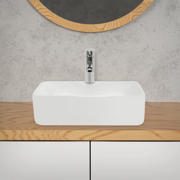 ECD Germany Design Waschbecken Waschtisch 480 x 380 x 140 mm aus Keramik Weiß - Aufsatzbecken Aufsatzwaschbecken Handwaschbecken Aufsatzwaschtisch Spülbecken Wasserfall Waschschale Waschschüssel