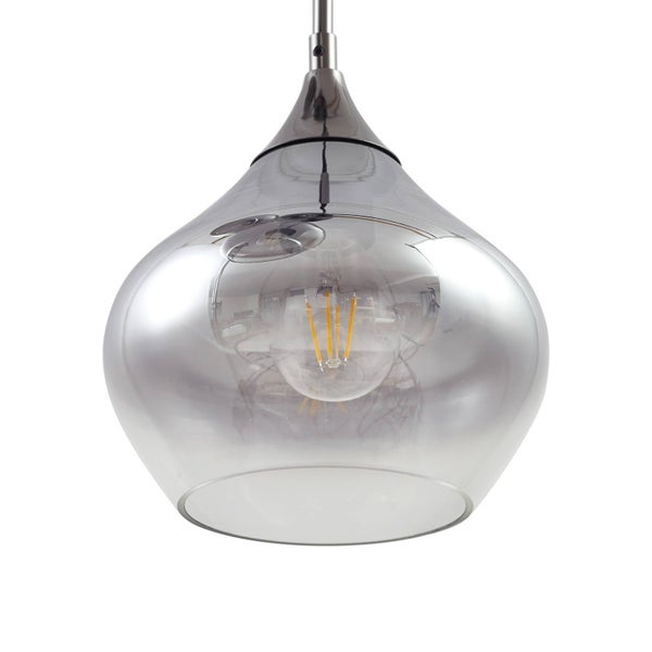 Hängeleuchte mit tropfenförmigem Glasschirm in Rauchglas-Optik und sichtbarem Leuchtmittel.