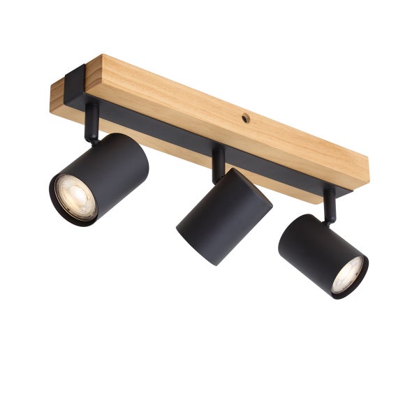Deckenstrahler mit drei Spots aus Holz und Metall in modernem Design zur Innenbeleuchtung