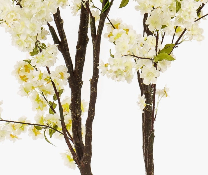 Künstliche Hängepflanze mit runden grünen Blättern und kleinen weißen Blüten.