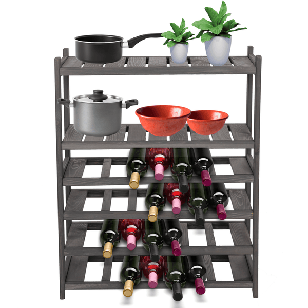 PROREGAL Weinregal SPREEWALD HxBxT 86x70x33cm 24 Flaschen auf 4 Ebenen + 2 Ablagen Massives Kiefernholz Grau geölt