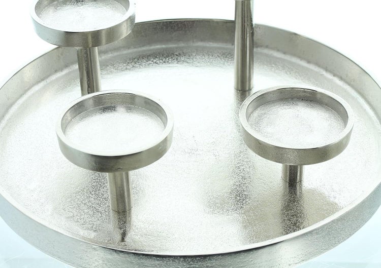 Dekoleidenschaft Kerzenhalter Tablett aus Aluminium in Antik Optik, silber, Adventskranz Ø 32 cm, Kerzentablett für 4 Kerzen