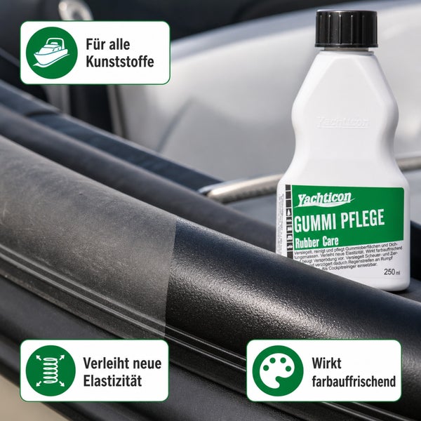 Yachticon Gummi Pflege 250 Milliliter Flasche zur Reinigung und Pflege von Gummioberflächen mit Symbolen für Anwendung und Produkteigenschaften