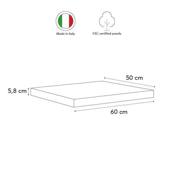 Wandregal mit den Maßen 60 mal 50 mal 5,8 Zentimeter, hergestellt in Italien, mit FSC zertifizierten Holzplatten.